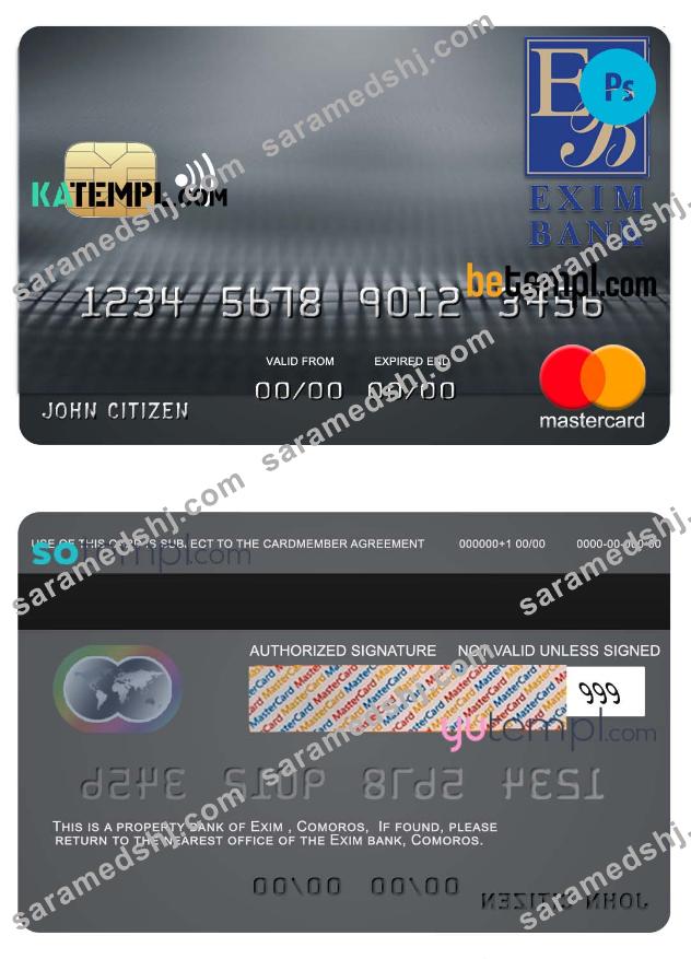 Comoros Exim bank mastercard credit card template in PSD format, fully editable